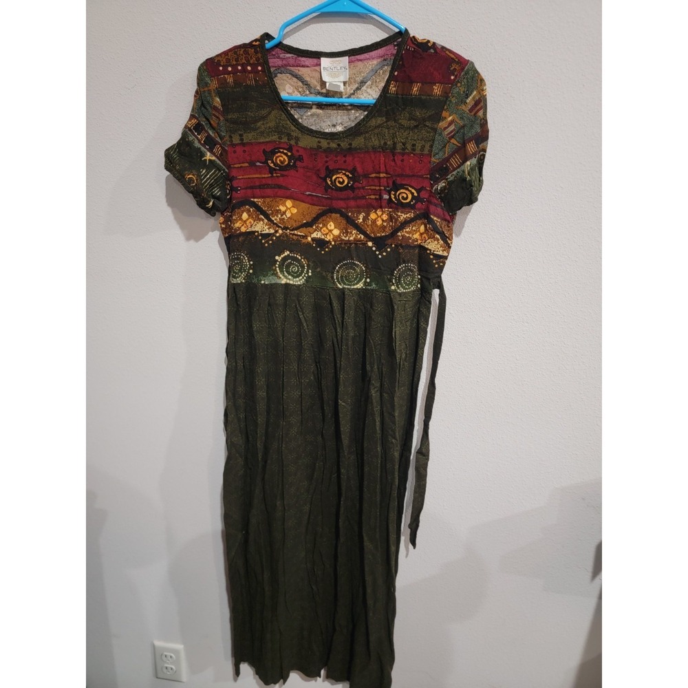 Bentley Aztec Print Maxi Dress Sz 12 Back Tie Short‎ Sleeve USA Made Vintage 90s